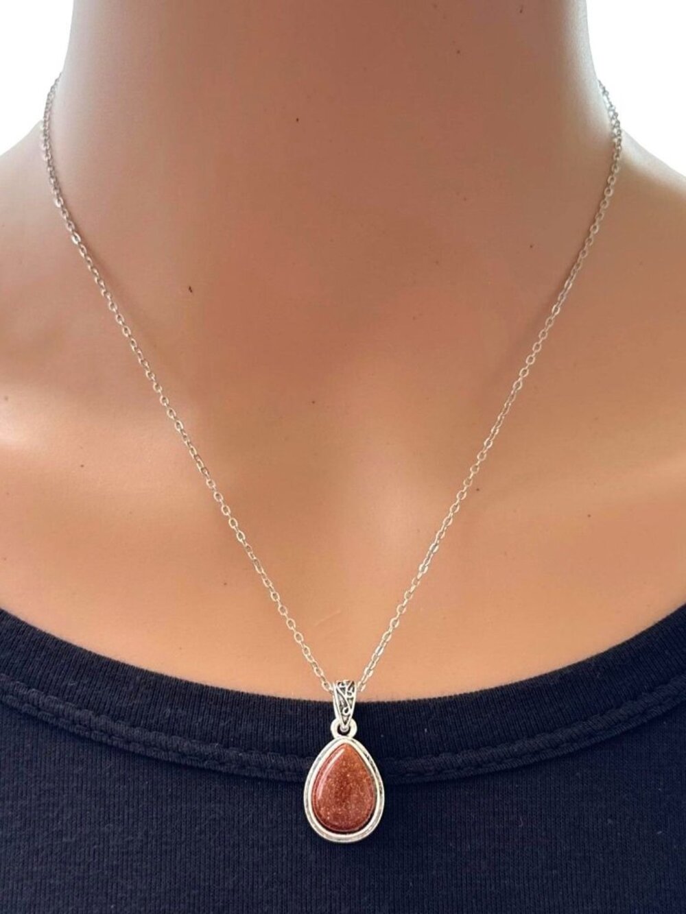 Goldstone Teardrop Pendant Necklace Silver Tone Adjustable Length 18 Inch